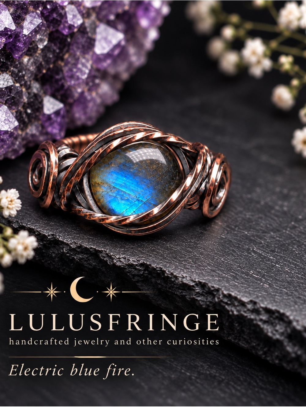 Artisan Copper Wire Ring with Blue Flash Labradorite